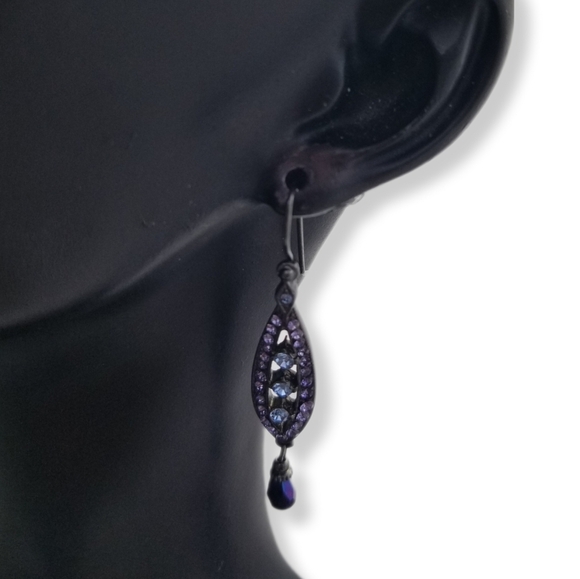 1928 BRAND DARK METAL WITH BLUE & PURPLE AUSTRIAN CRYSTAL DROP HOOK EARRINGS - Picture 2 of 3